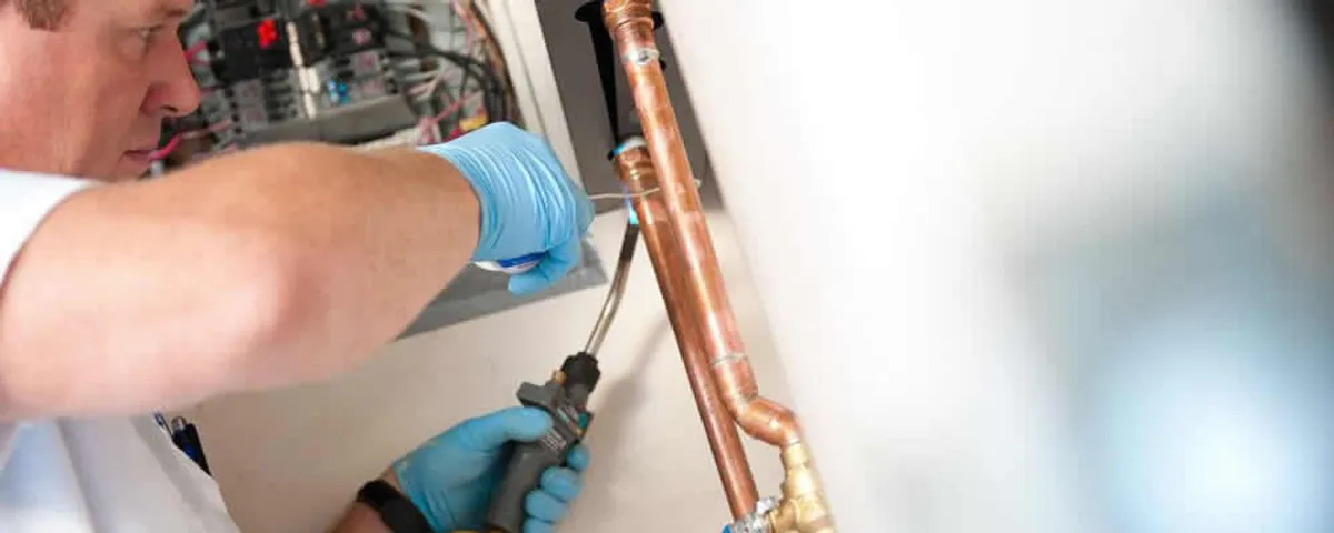 Water heater repair technician testing copper pipe connections and controls in Highland Park, IL